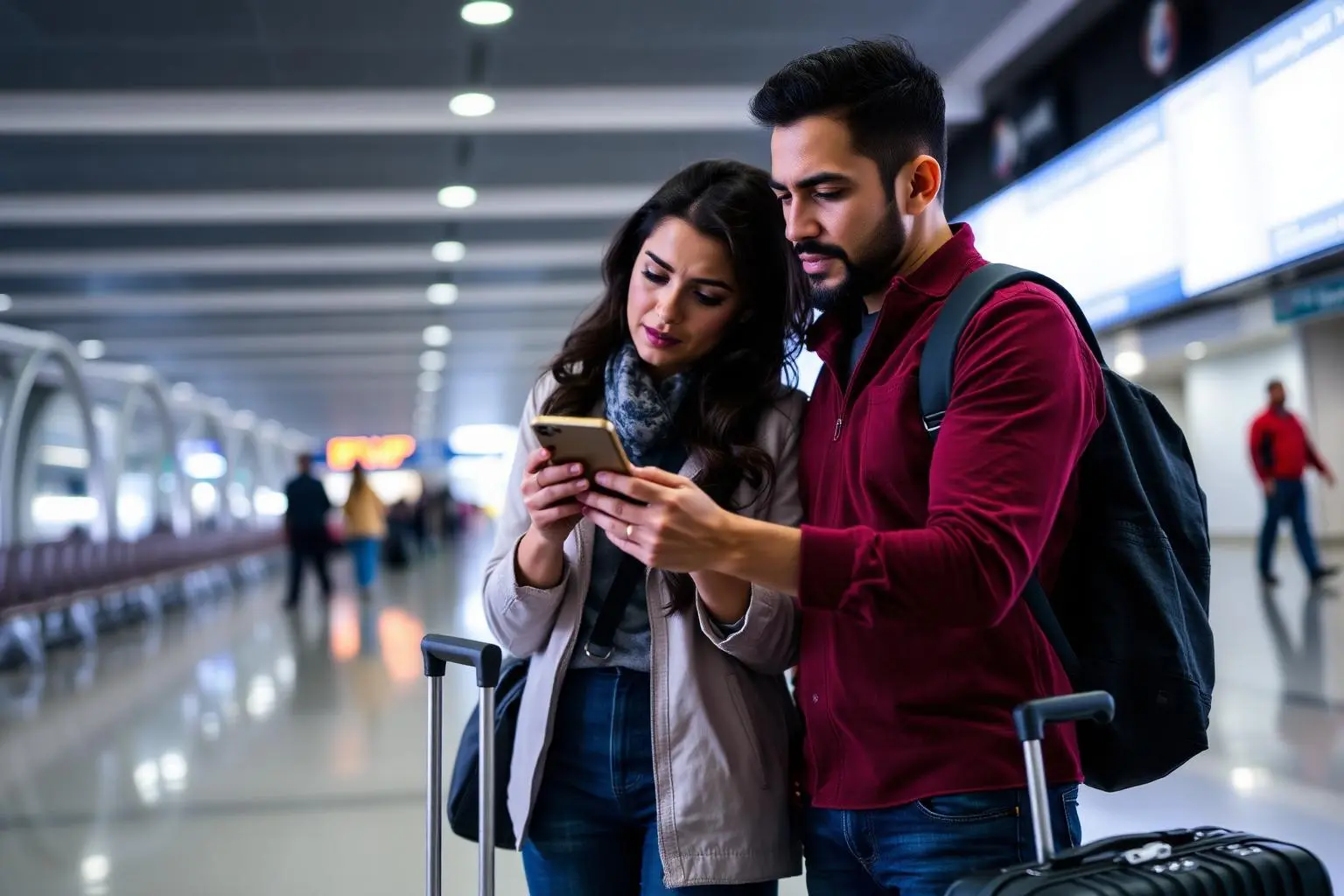 Casal brasileiro em portão de embarque de aeroporto olhando angustiado para smartphone exibindo voo cancelado, malas ao lado, iluminação dramática de terminal