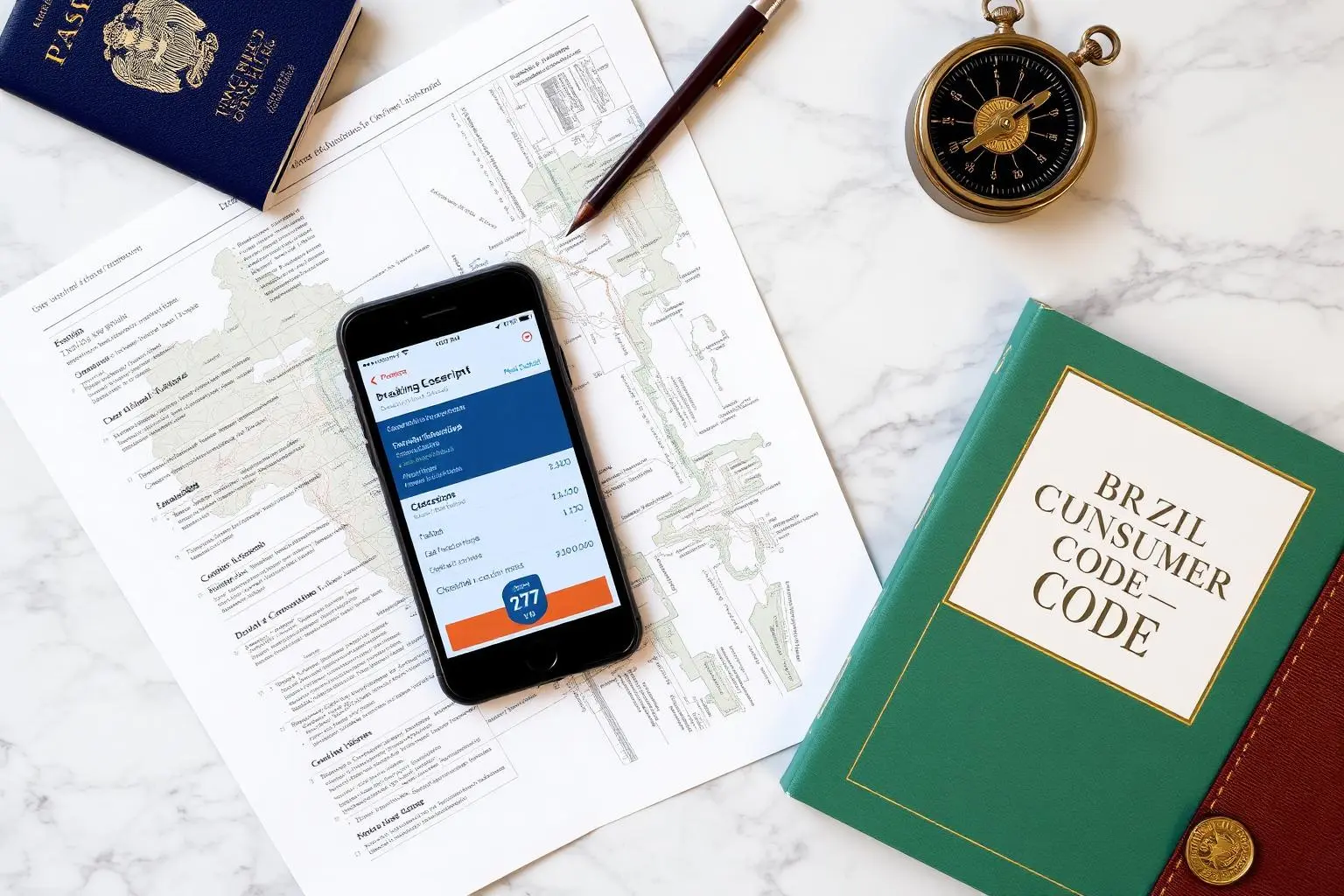 Vista superior plana de itinerário de viagem, passaporte, smartphone exibindo confirmação de reserva, livro do Código de Defesa do Consumidor brasileiro e bússola vintage sobre mesa de mármore