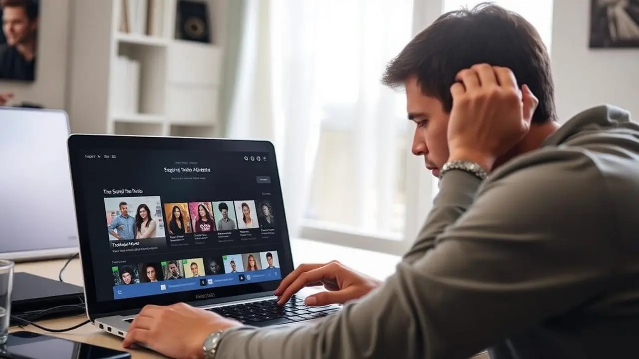 Produtor musical brasileiro em home studio com teclado MIDI e laptop mostrando painel Spotify for Artists com estatísticas em queda