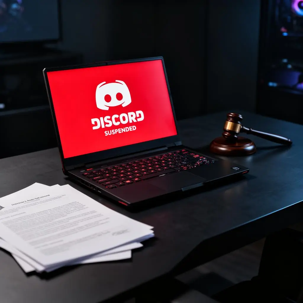Notebook gamer com tela vermelha de conta Discord suspensa, documentos jurídicos e martelo de juiz em mesa escura moderna