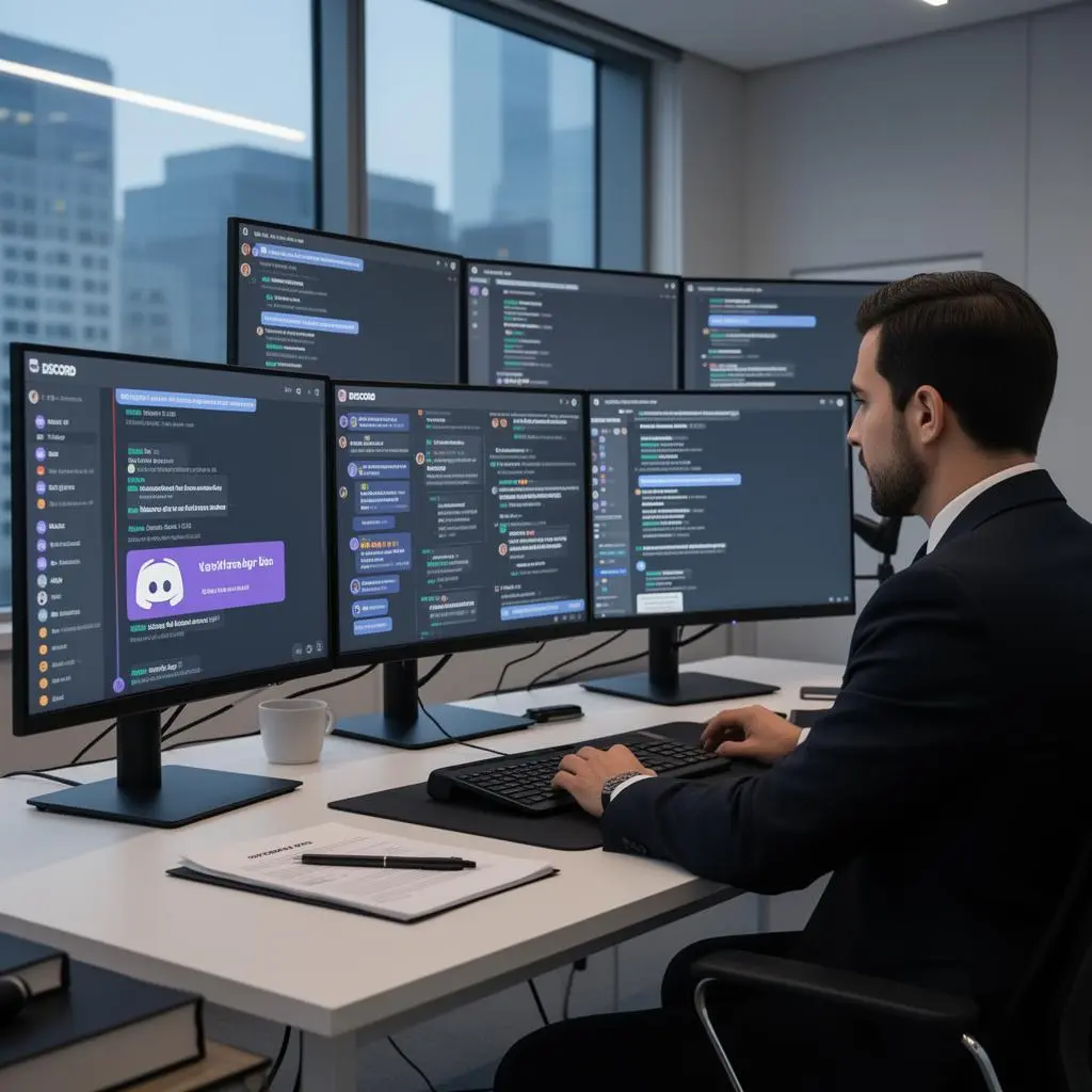 Advogado especializado em direito digital analisando logs de banimento de servidor Discord em escritório moderno