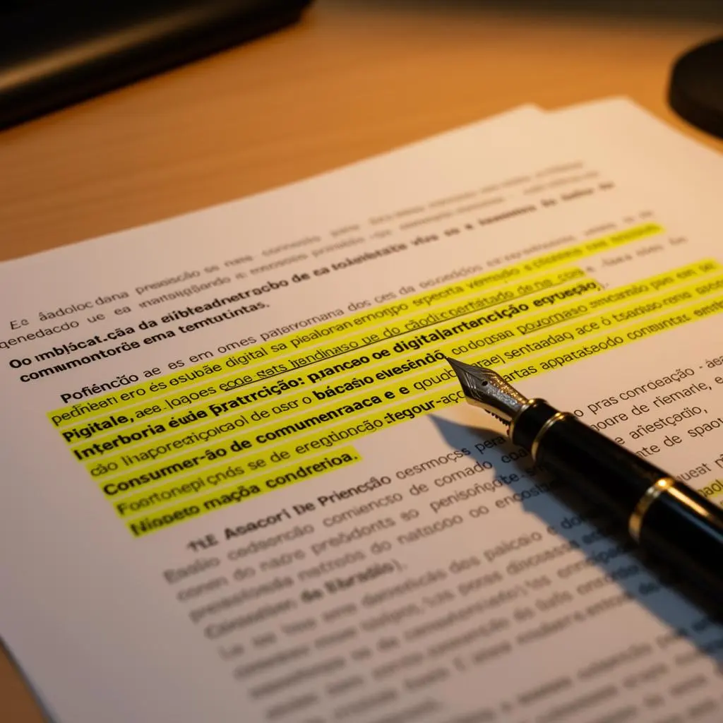 Documentos jurídicos brasileiros destacados com caneta tinteiro sobre direitos digitais e proteção ao consumidor