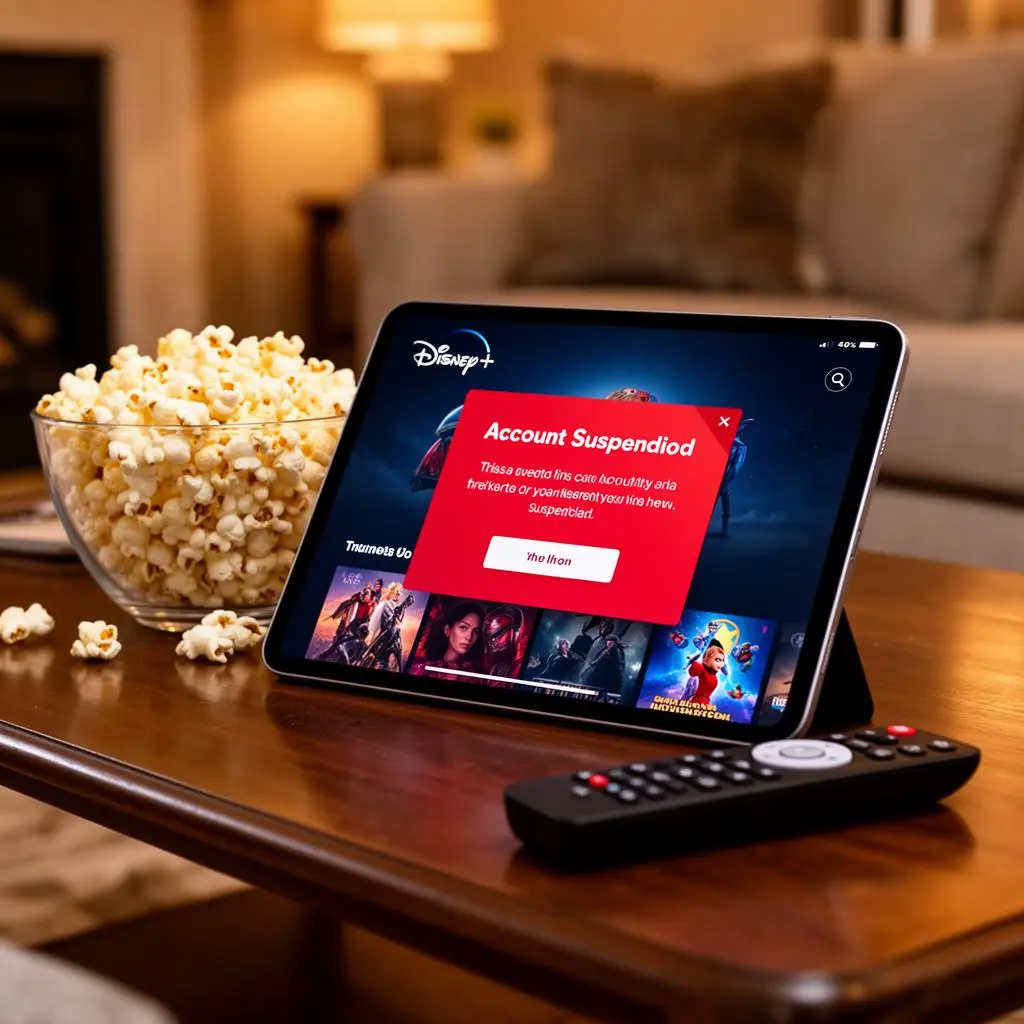 Tablet mostrando app Disney+ com mensagem de conta suspensa, sobre mesa de centro com pipoca e controle remoto em sala de estar