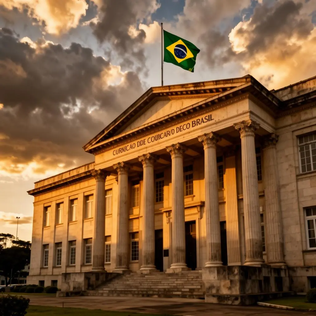 Fachada de prédio de tribunal brasileiro com colunas clássicas e bandeira nacional, céu dramático com nuvens