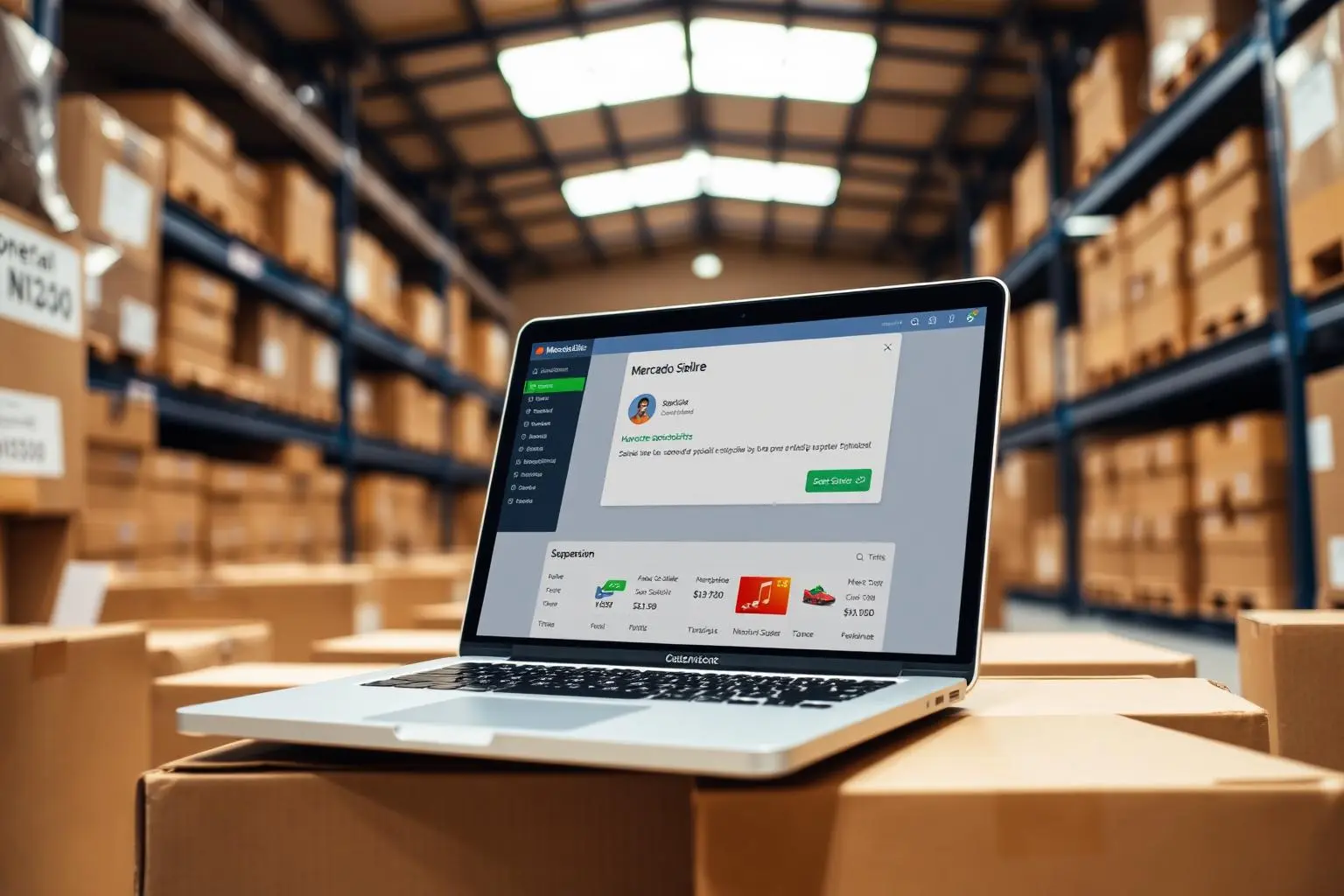 Laptop exibindo painel de vendedor eBay com aviso de suspensão sobre caixas de inventário em armazém brasileiro, iluminação superior aquecida
