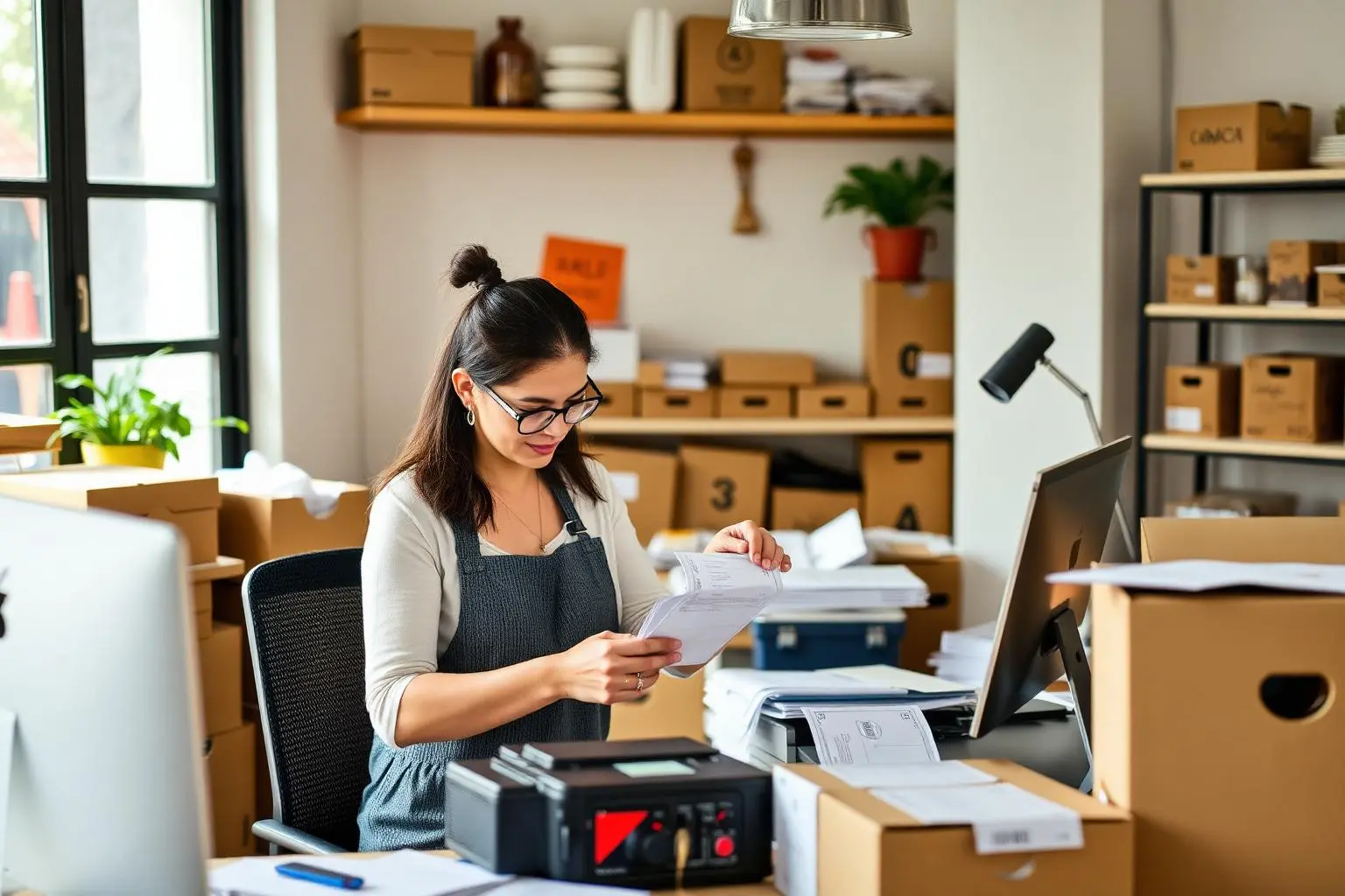 Vendedora brasileira de e-commerce organizando produtos e imprimindo etiquetas de envio em ambiente de trabalho com luz natural, caixas e papelaria comercial