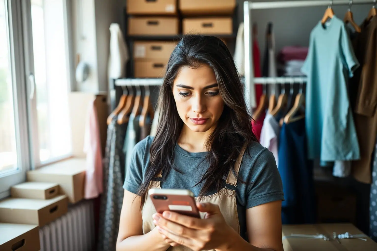 Jovem empreendedora brasileira cercada por araras de roupas e pacotes de envio, olhando preocupada para smartphone, luz natural diurna pela janela