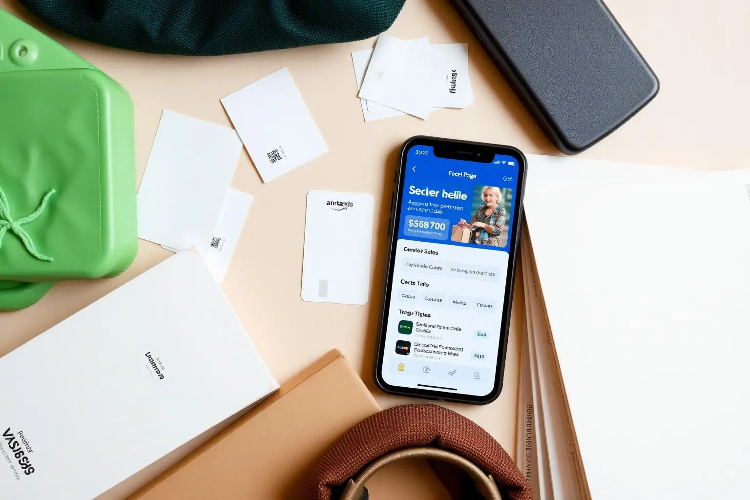 Vista superior plana de itens de moda, etiquetas de envio, smartphone exibindo painel de vendedor de marketplace e livro do Código de Defesa do Consumidor brasileiro, luz quente