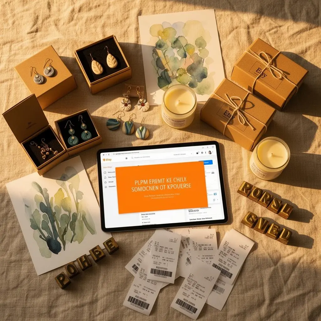 Flat lay editorial: artisan craft supplies spread on linen tablecloth — handmade jewelry boxes, polymer clay earrings, soy candles in glass jars, watercolor art prints, kraft paper packaging with string, tablet showing Etsy shop dashboard with orange suspended banner, scattered order receipts, brass letter stamps, warm golden afternoon light