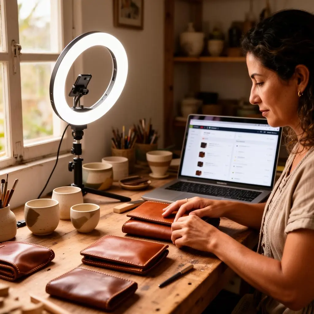 Editorial photography: Brazilian artisan woman at wooden workbench in home studio, hands arranging handmade leather goods and ceramic pieces for product photography, ring light illuminating the scene, laptop showing order management screen, warm natural light from window, documentary-style candid shot