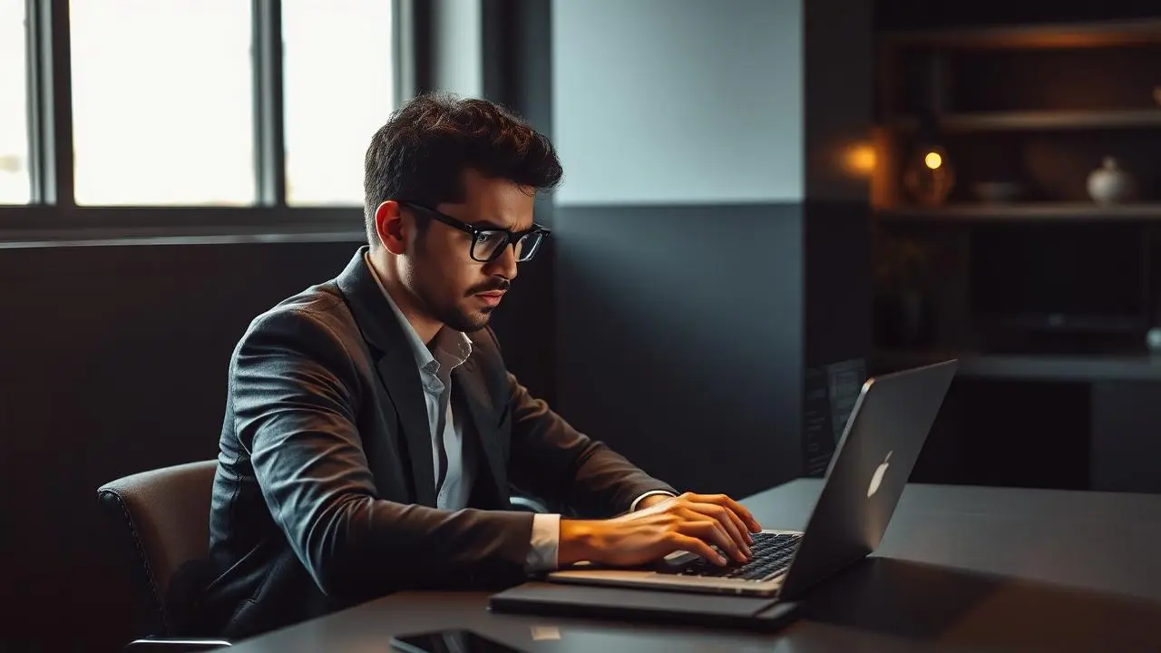 Empresário brasileiro preocupado analisando dashboard de gestão após ter Business Manager do Facebook bloqueado