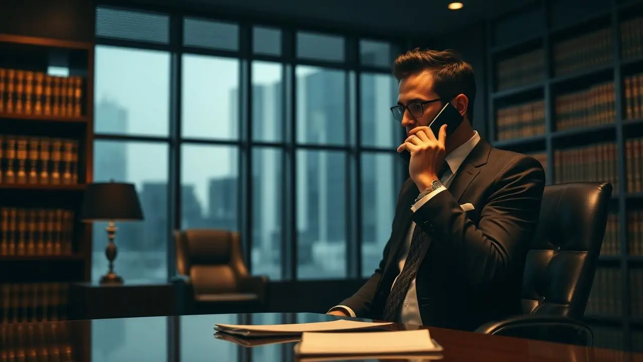 Advogado especializado em direito digital atendendo cliente por telefone em escritório moderno