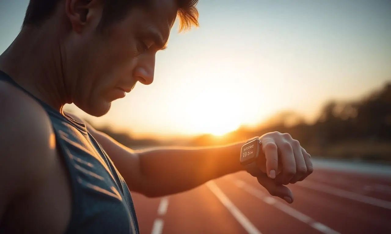 Corredor adulto verificando smartwatch em pista de atletismo ao amanhecer, expressão concentrada, luz dourada de hora mágica, fotografia editorial cinematográfica com profundidade de campo rasa