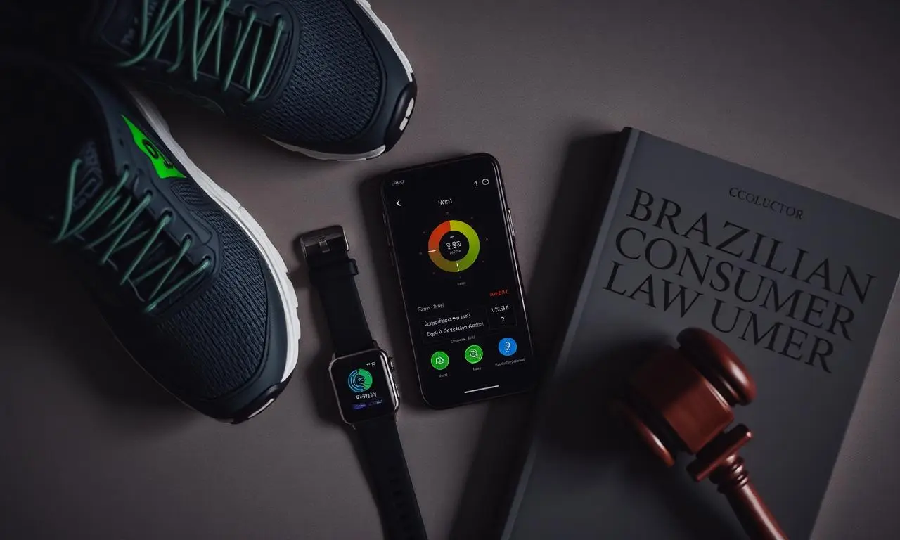 Composição plana editorial top-down com tênis de corrida profissional, smartwatch GPS, smartphone exibindo aplicativo de monitoramento de treinos, livro de código de defesa do consumidor, iluminação dramática contrastada