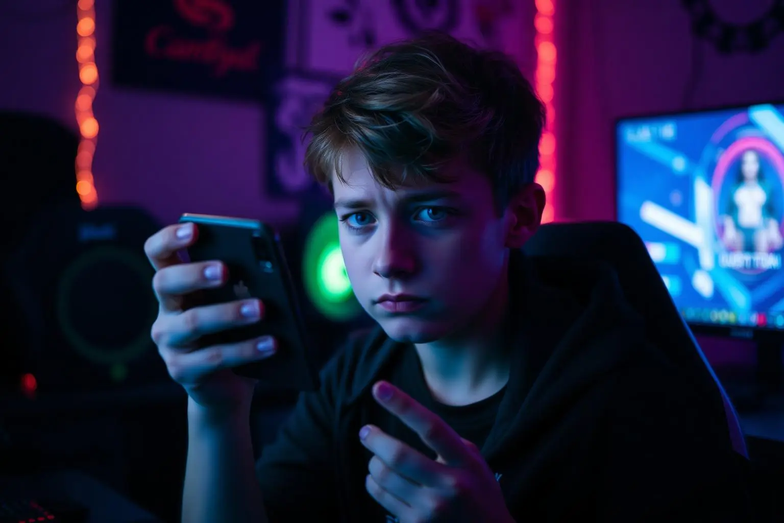 Adolescente gamer segurando smartphone com expressão de decepção, setup gamer com luzes RGB desfocado ao fundo, iluminação cinematográfica sombria