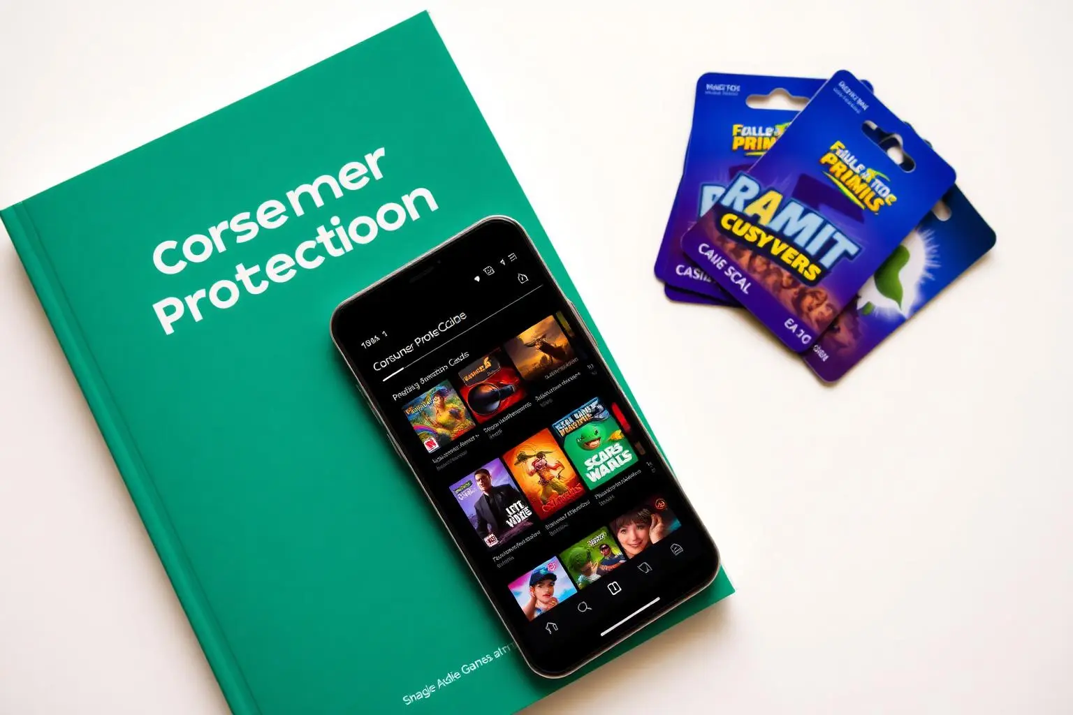Livro do Código de Defesa do Consumidor brasileiro ao lado de smartphone exibindo loja de jogos mobile e cartões pré-pagos, luz natural suave