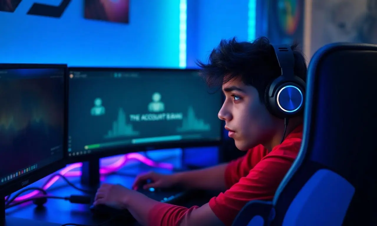 Jovem gamer brasileiro frustrado em mesa gamer com múltiplos monitores exibindo tela de erro de banimento de conta, iluminação RGB azul e magenta, headset, controle, fotografia editorial cinematográfica