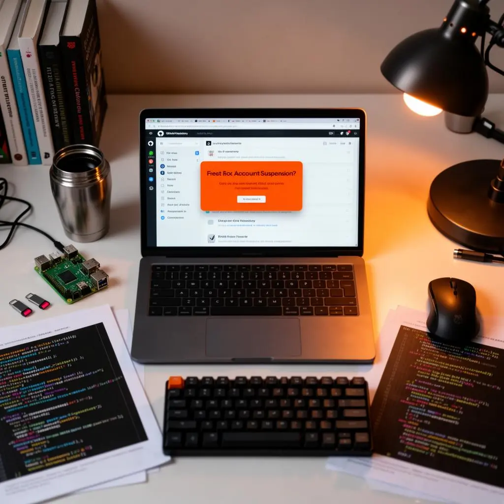 Flat lay editorial: developer desk com laptop showing GitHub repository page com orange account suspension banner, code printouts com syntax highlighting, mechanical keyboard, wireless mouse, stack de tech books, coffee thermos, Raspberry Pi, USB drives, warm desk lamp glow