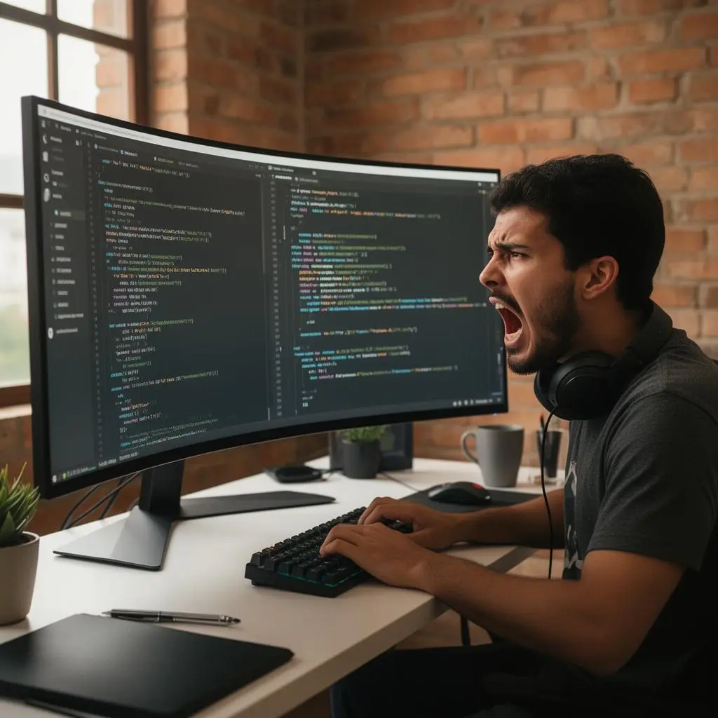 Editorial photography: Brazilian software developer man at standing desk com ultra-wide monitors, frustrated expression looking at blocked GitHub account on screen, open source project codebase visible, mechanical keyboard, headphones around neck, modern tech startup office com exposed brick