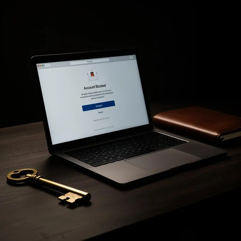Laptop com tela escura exibindo aviso de conta bloqueada ao lado de chave dourada antiga em mesa de madeira escura