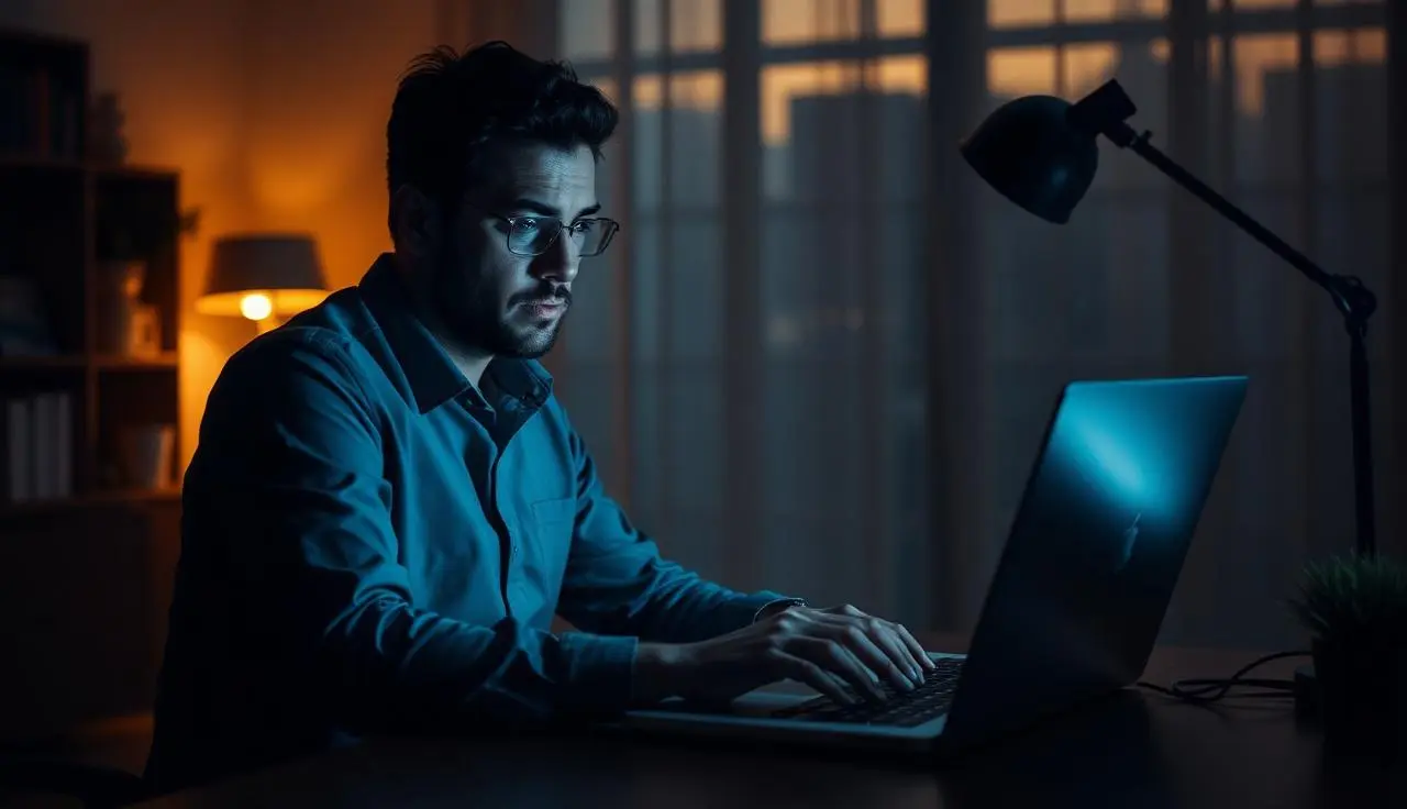 Profissional preocupado em frente a laptop iluminado em ambiente escuro de home office tentando acessar conta bloqueada