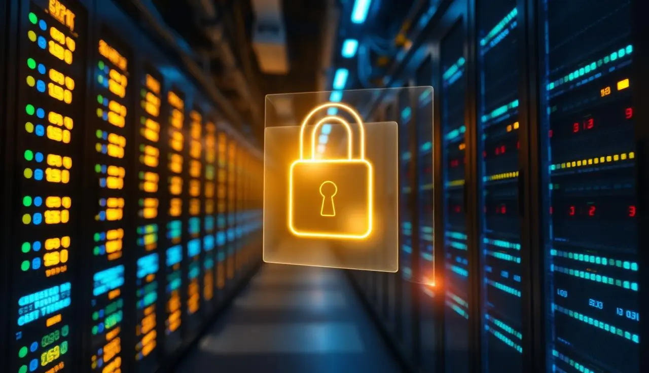 Corredor de data center iluminado com cadeado holográfico dourado representando segurança de dados