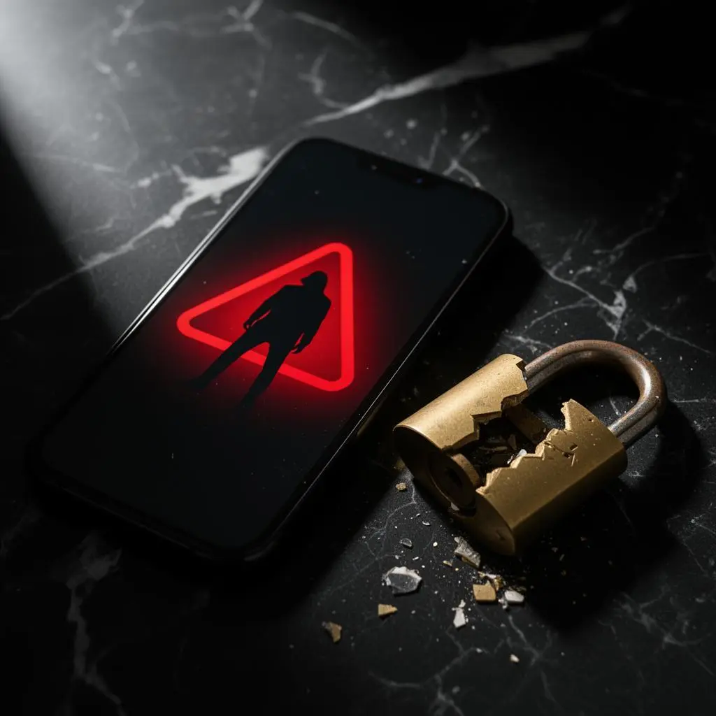 Smartphone com silhueta de invasor em alerta vermelho ao lado de cadeado dourado quebrado sobre superfície de mármore preto