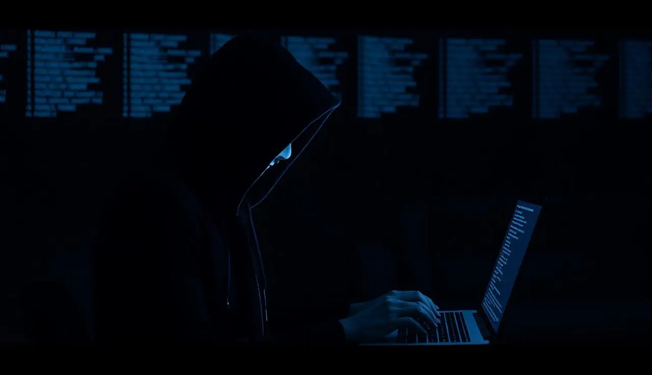 Silhueta encapuzada de invasor digitando em laptop em sala escura com reflexos azuis de código na parede