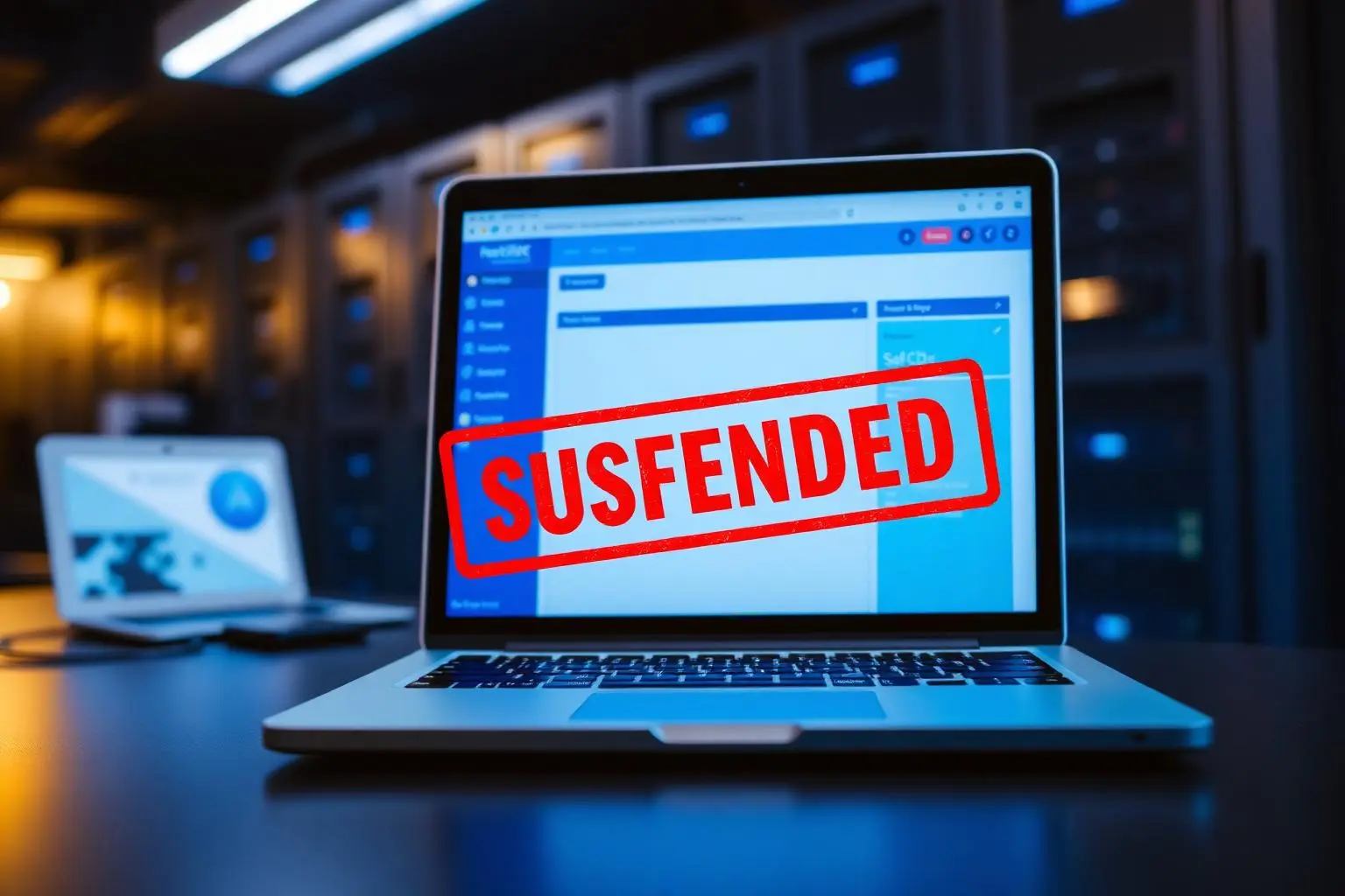 Notebook exibindo painel de controle de hospedagem web com overlay vermelho 'Account Suspended', sobre mesa de tecnologia com racks de servidor desfocados ao fundo, iluminação ambiente azul neon