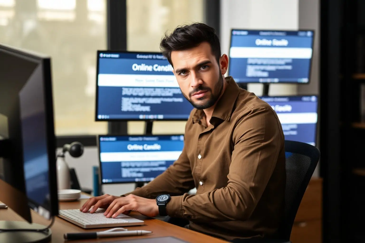 Empresário brasileiro de pequeno negócio em mesa com múltiplos monitores exibindo página de erro de site offline, expressão frustrada, home office moderno