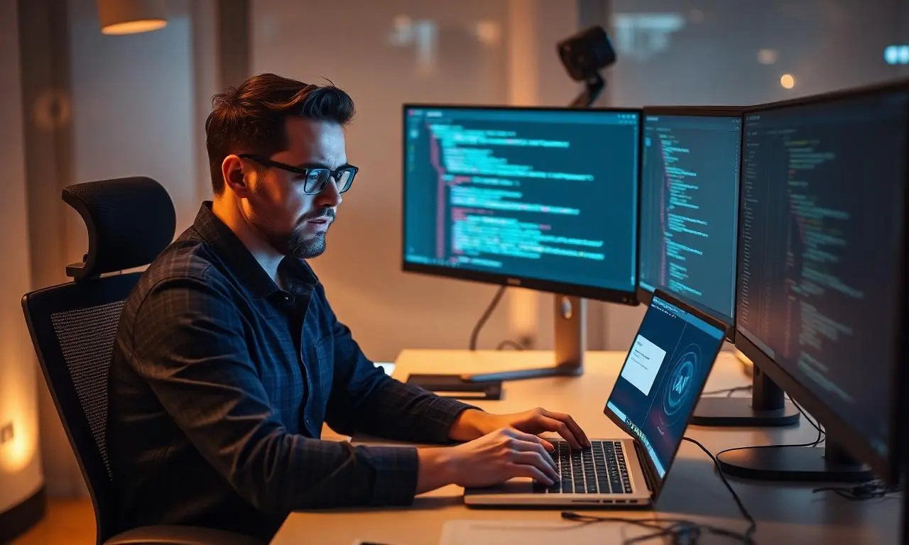 Desenvolvedor de software frustrado em mesa moderna com laptop exibindo erro de interface de chat com IA, múltiplos monitores com editor de código ao redor, iluminação cinematográfica quente, fotografia editorial