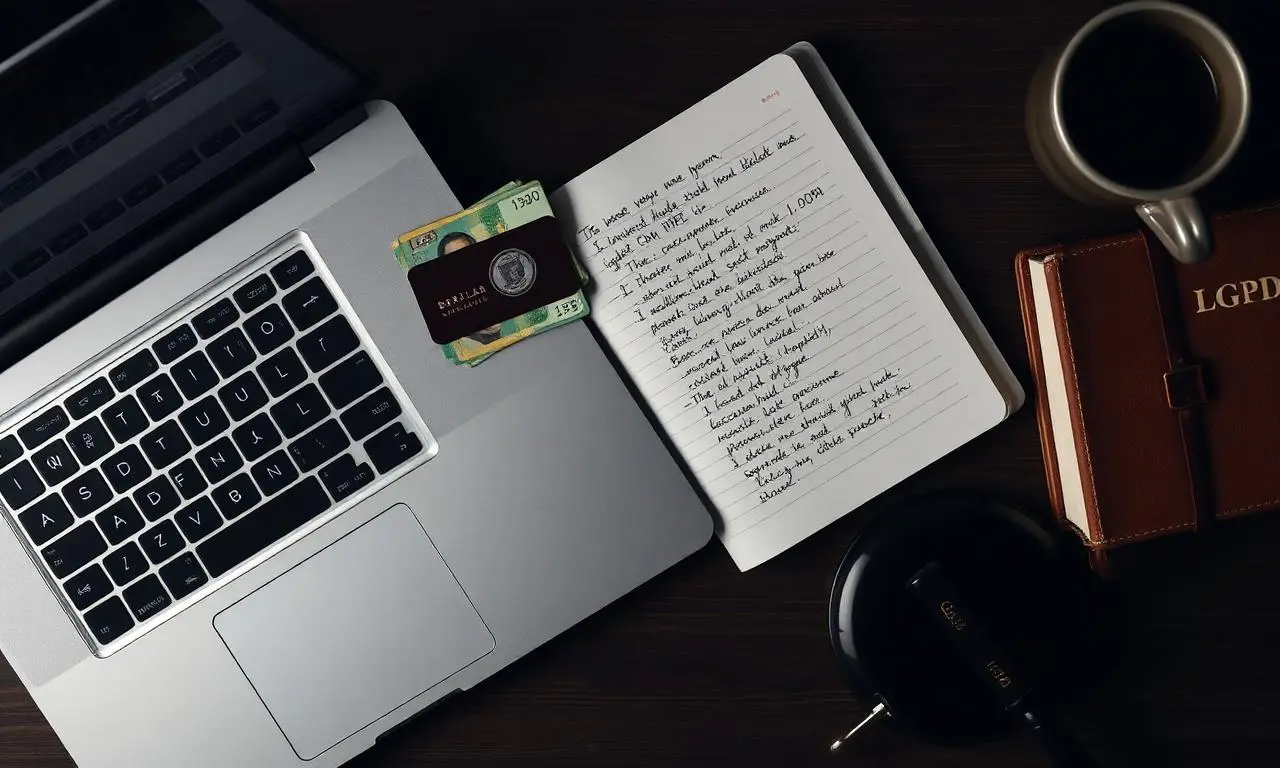 Vista superior top-down editorial: laptop com conversa com chatbot de IA, caderno com prompts escritos à mão, notas de Real brasileiro, cartão de crédito, martelo de juiz, livro da LGPD, xícara de café, iluminação escura dramática
