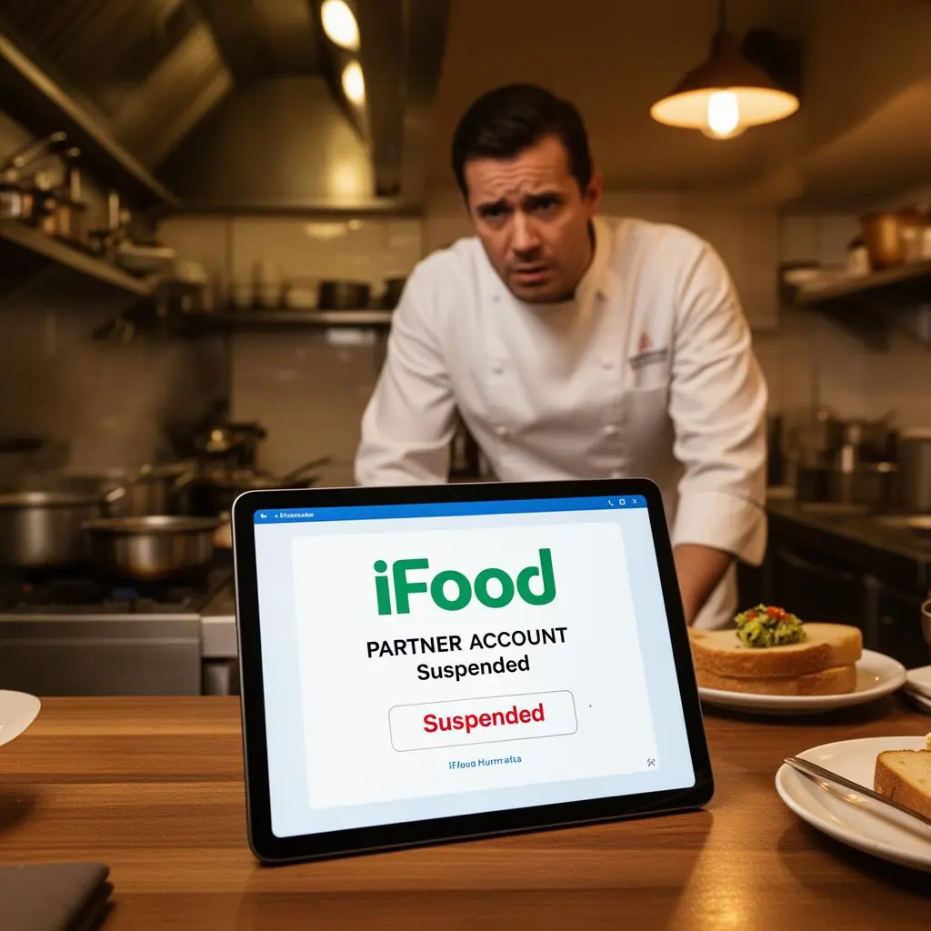 Cozinha de restaurante pequeno com tablet exibindo parceria iFood suspensa, chef ao fundo com expressão preocupada, iluminação quente