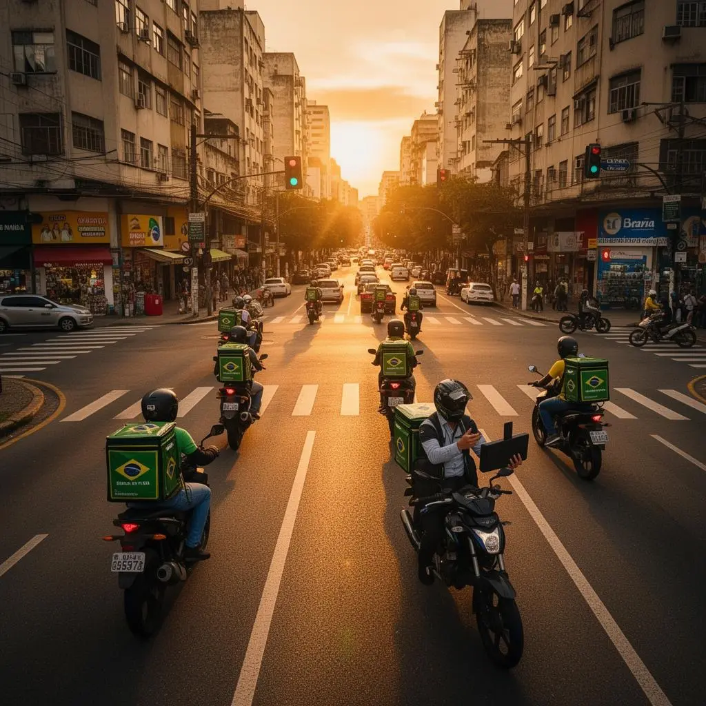 Vista aérea de entregadores de moto em cruzamento movimentado de cidade brasileira ao entardecer