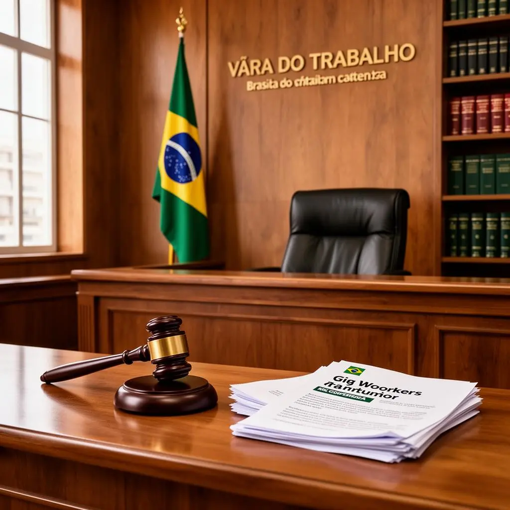 Interior de Vara do Trabalho brasileira com banco do juiz, bandeira do Brasil e livros de direito trabalhista