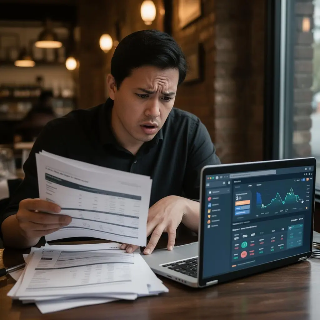 Proprietário de restaurante conferindo documentos financeiros e analytics de delivery em notebook com expressão preocupada