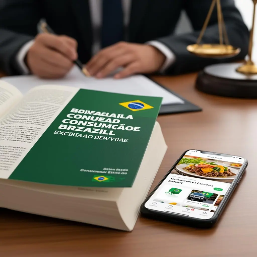 Livro de direito do consumidor aberto sobre mesa ao lado de smartphone com aplicativo de delivery de comida