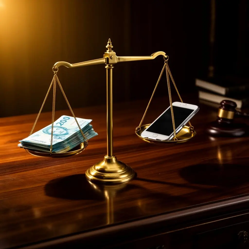 Balança da justiça equilibrando notas de Real brasileiro e smartphone sobre mesa de madeira escura