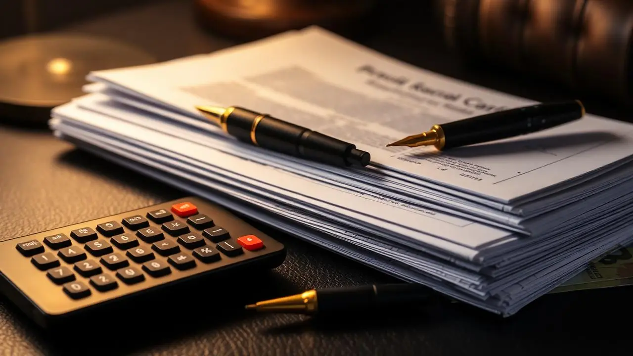 Calculadora ao lado de pilha de contratos e caneta tinteiro representando o cálculo de indenização por banimento