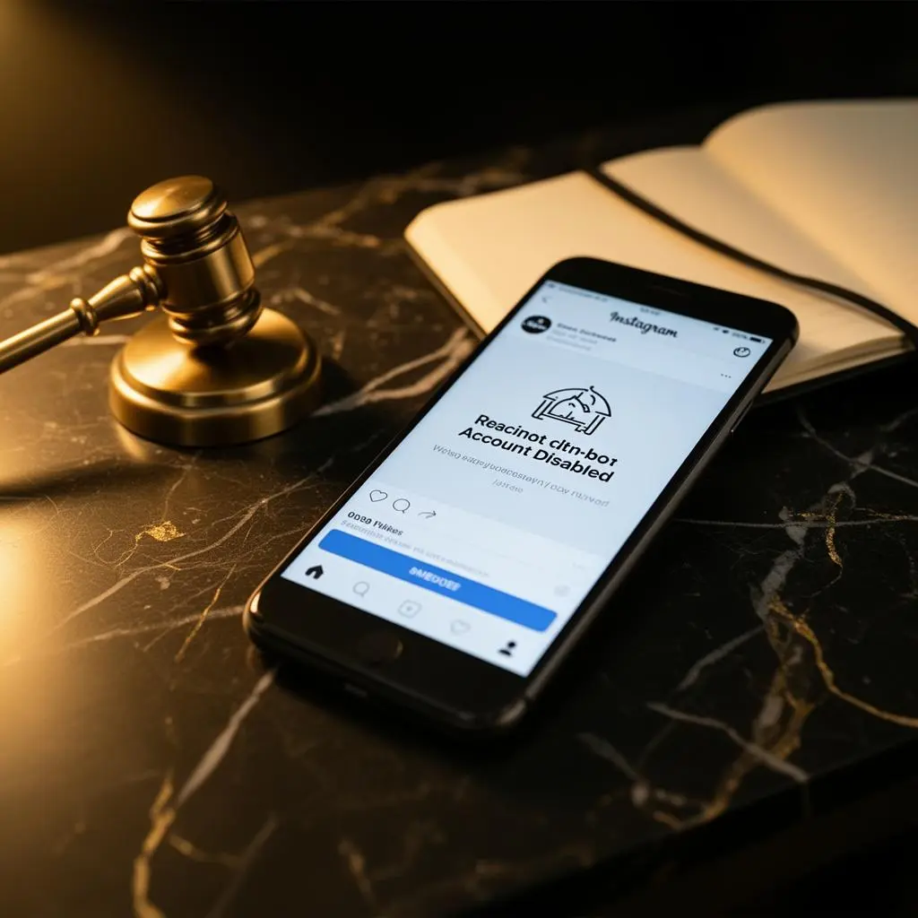 Smartphone com tela de conta Instagram desativada ao lado de pequeno martelo de juiz em superfície de mármore