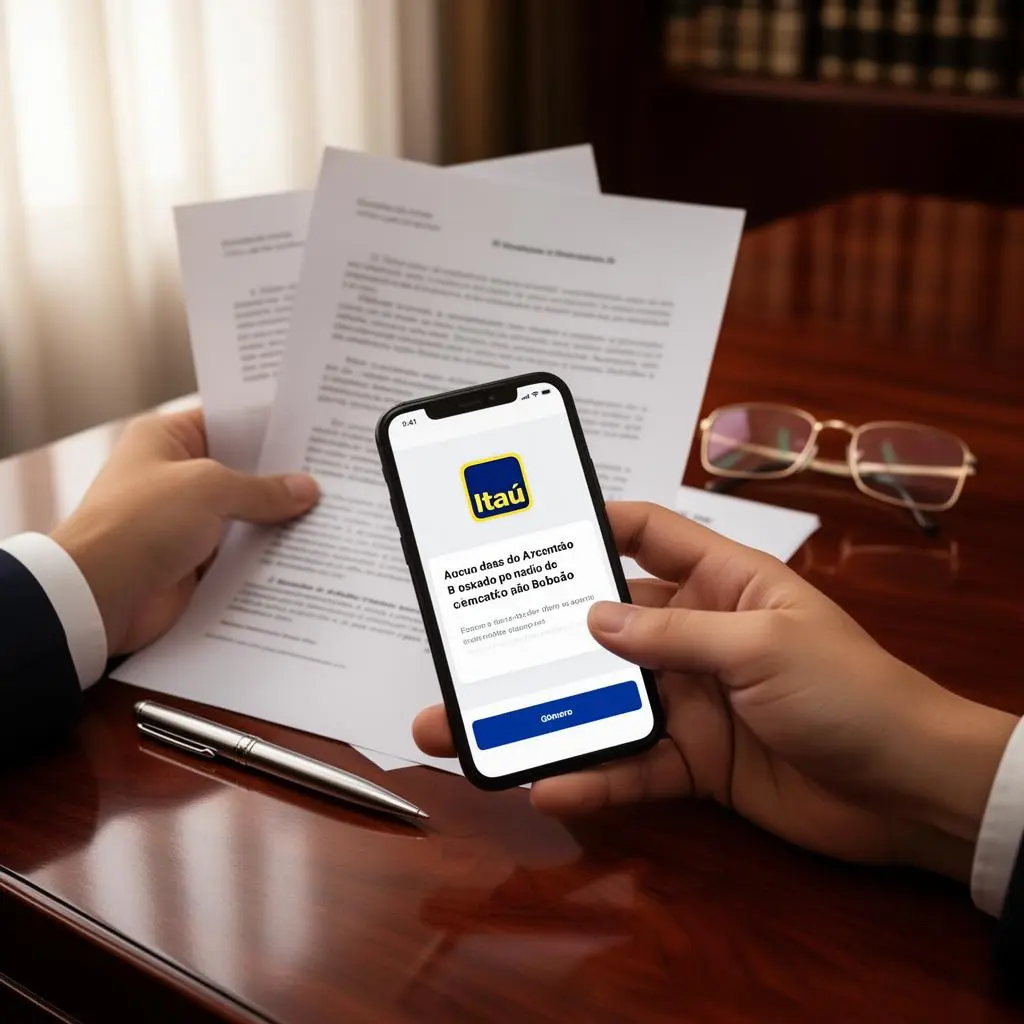 Advogado especializado em direito bancário revisando documentos de conta bloqueada no Itaú em escritório moderno