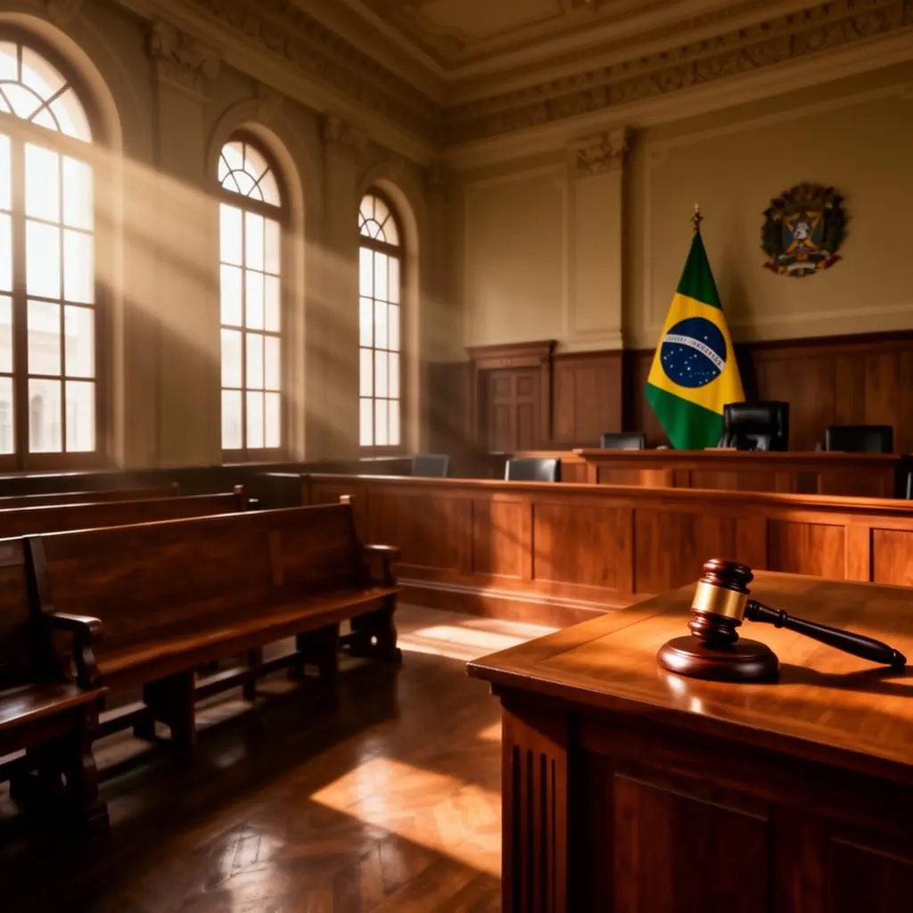 Sala de tribunal brasileiro com balança da justiça e bandeira do Brasil ao fundo