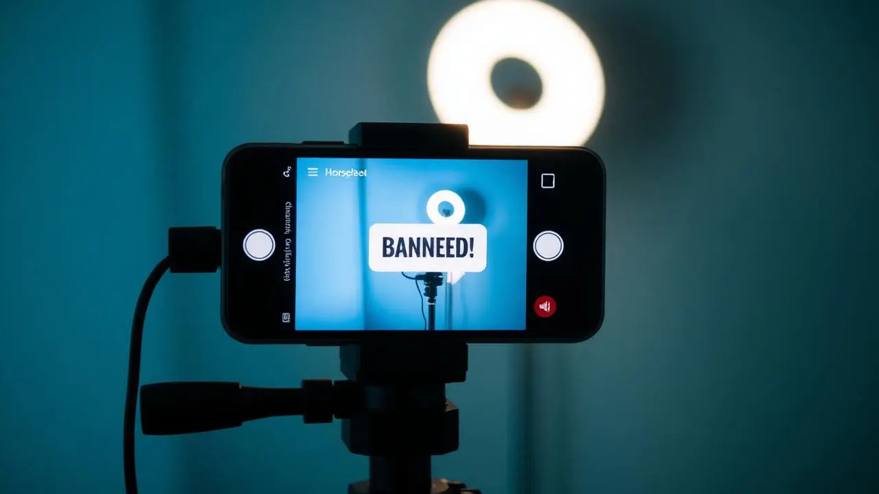 Smartphone em tripé com aplicativo de rede social mostrando mensagem de conta banida, com ring light ao fundo, iluminação azulada