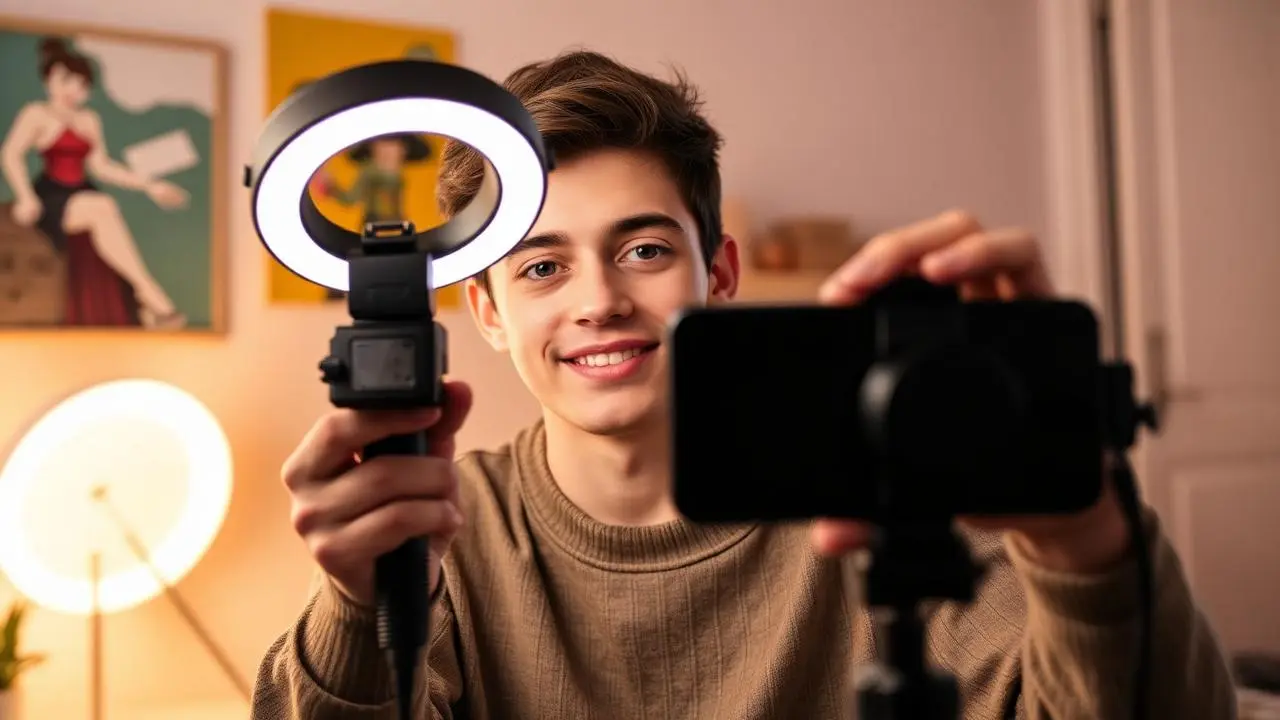 Jovem criador de conteúdo gravando vídeo em casa com smartphone e ring light em ambiente colorido, ar editorial