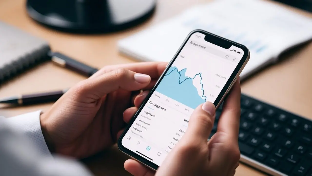 Mãos segurando smartphone que exibe gráfico de engajamento em declínio, mesa de trabalho em segundo plano