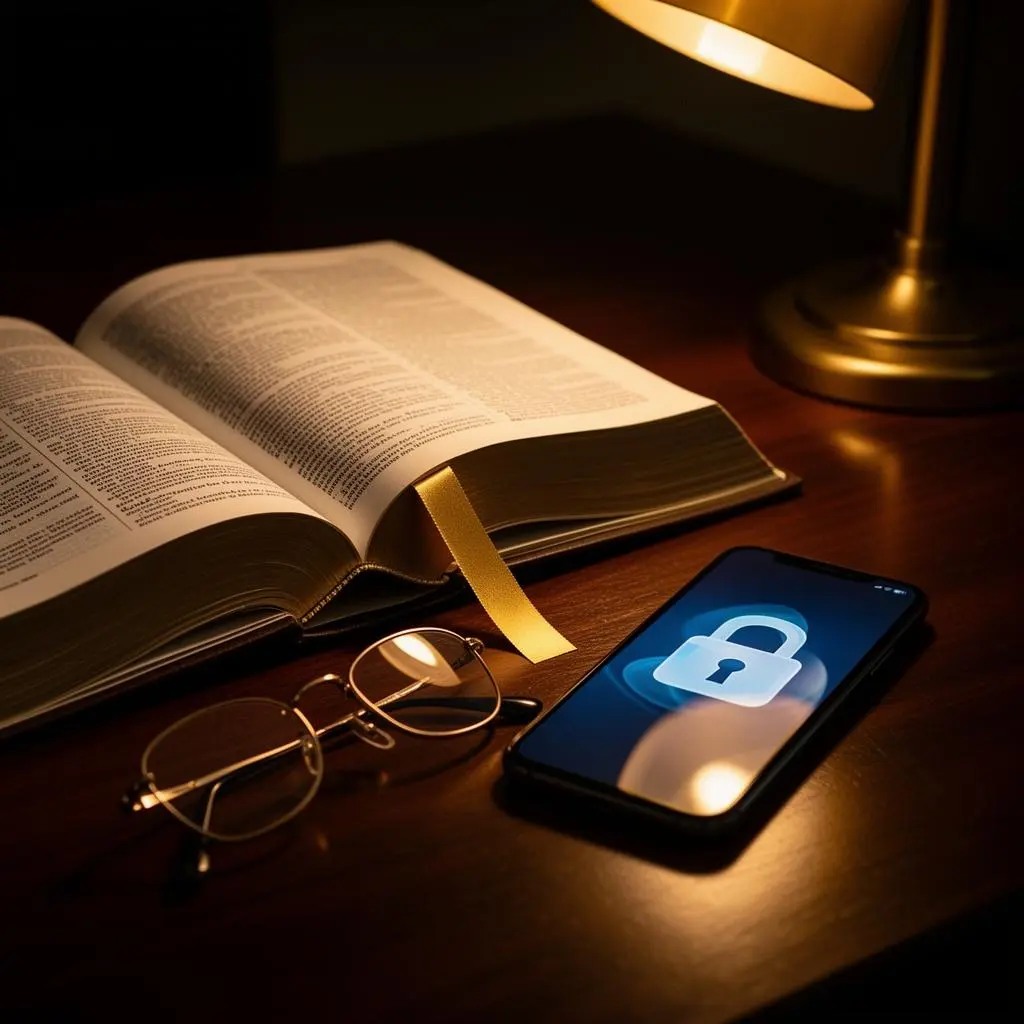 Livro de leis aberto com marcador dourado ao lado de óculos de leitura e smartphone exibindo ícone abstrato de cadeado de privacidade