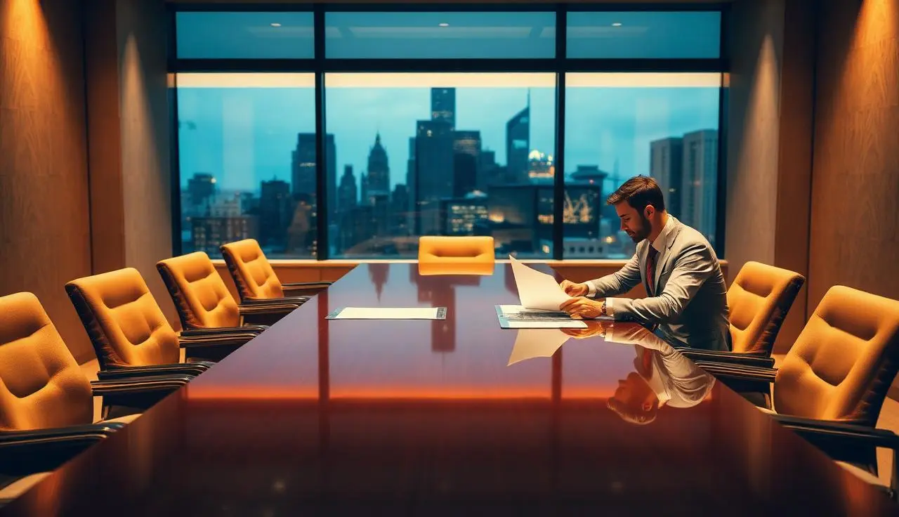 Sala de reunião de escritório de advocacia moderno com advogado revisando documentos sob luz de janela com vista para skyline urbano