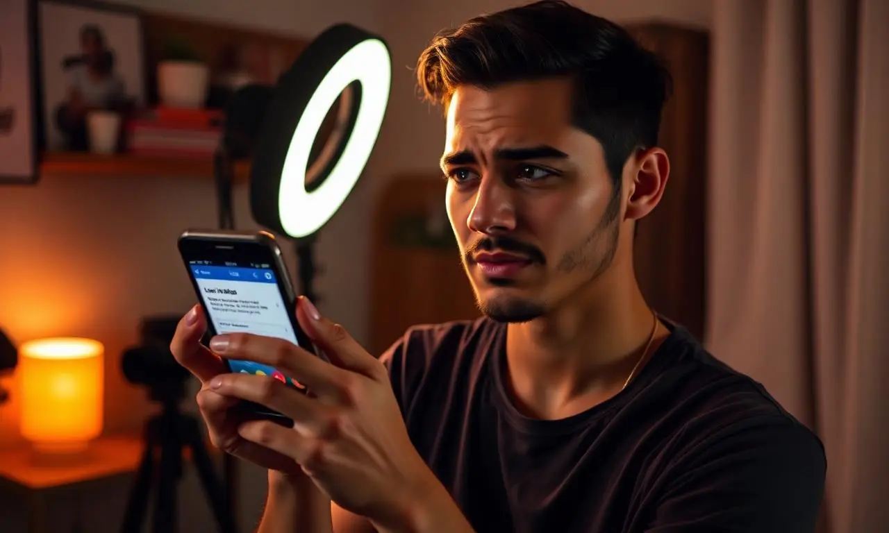 Criadora de conteúdo brasileira influenciadora em home studio com ring light, segurando smartphone com página de link na bio exibindo erro, expressão frustrada, iluminação quente cinematográfica