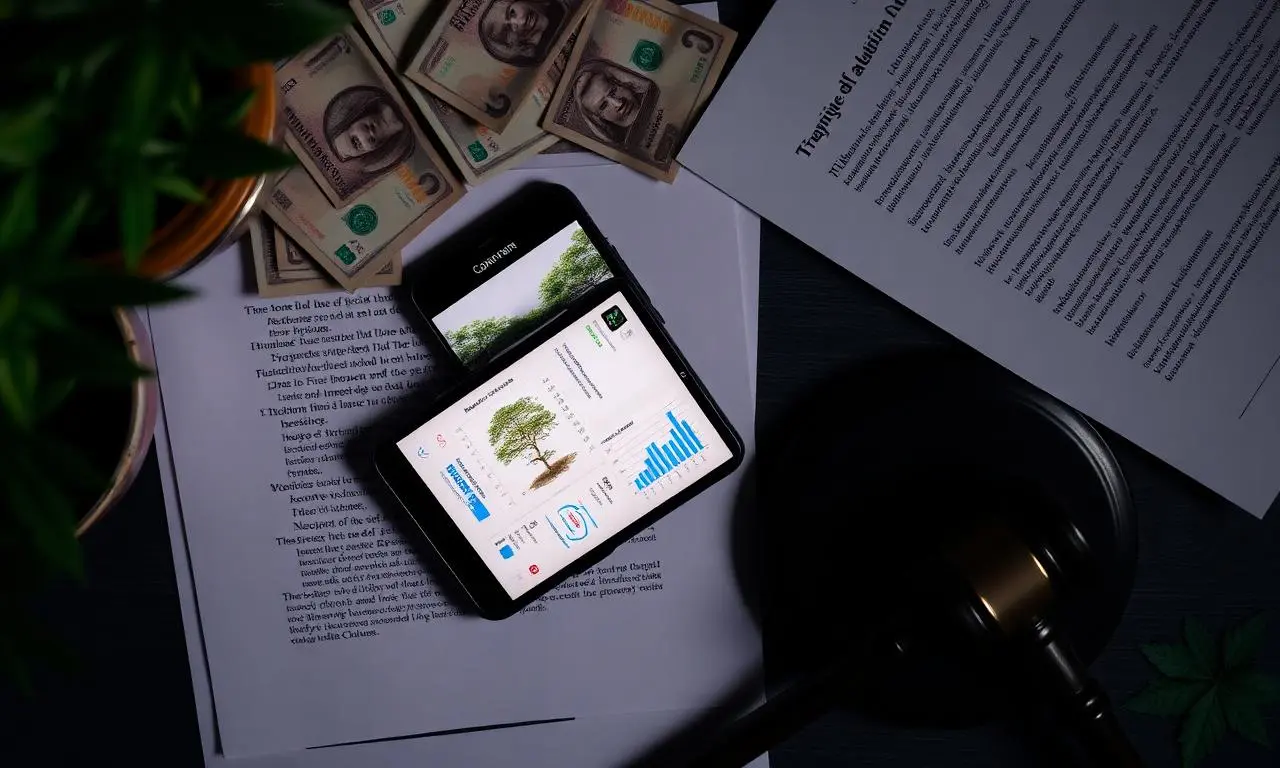 Vista superior top-down: smartphone exibindo página vertical de links biográficos, ring light, relatório de analytics impresso, notas de Real brasileiro, martelo de juiz, contrato de marketing digital, plantas, iluminação editorial escura cinematográfica
