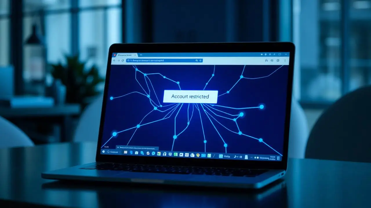 Profissional olhando para notebook em escritório moderno com tela exibindo plataforma profissional azul com mensagem de conta restrita, iluminação corporativa